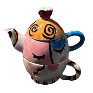 Bella Casa Tea For One Teapot 3 pc Set Stacked Cup Lid Fun Faces Heart By Ganz